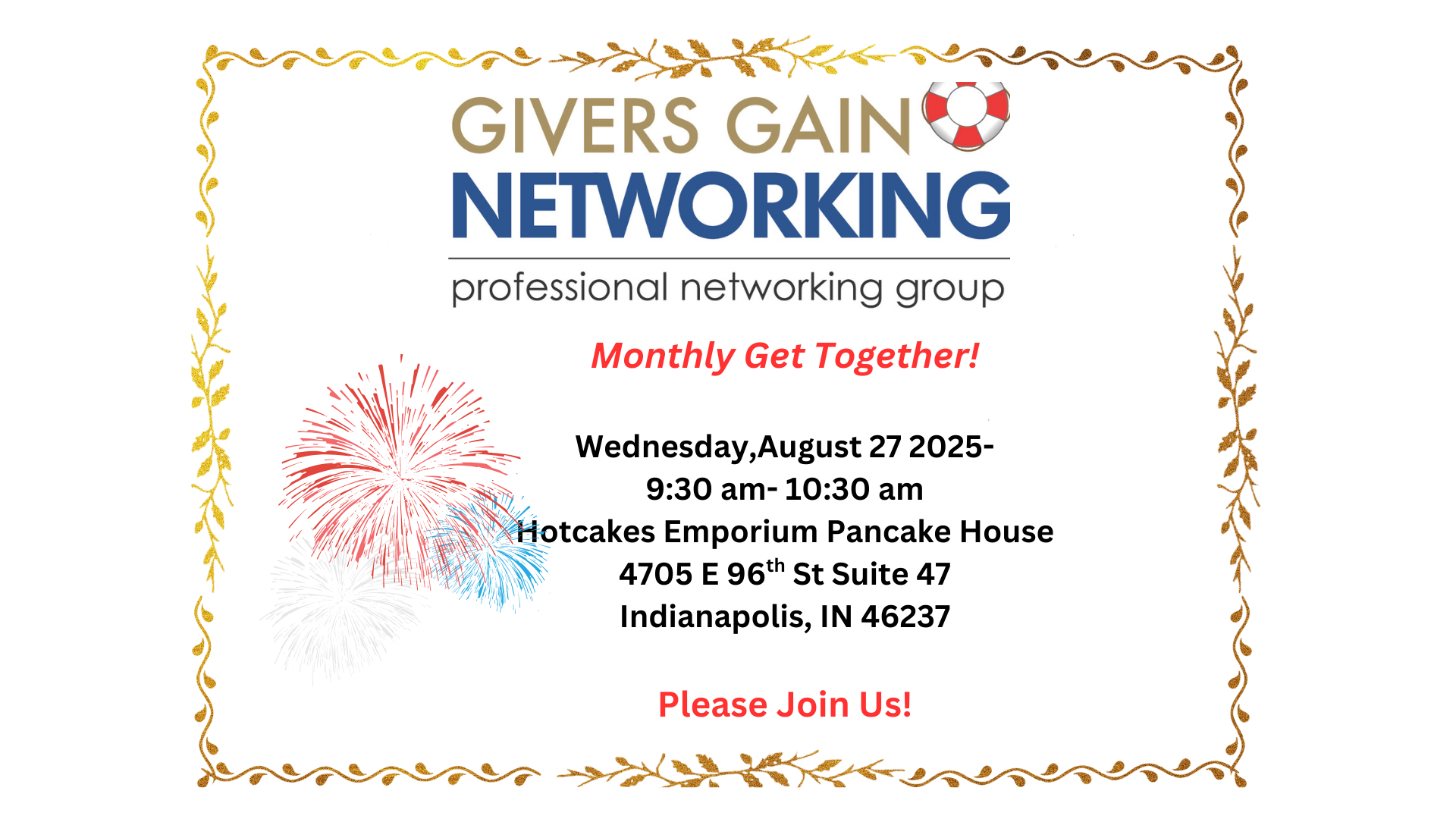 Givers Gain Networking Monthly Get Together- Wed, Aug 27, 9:30-10:30 am!