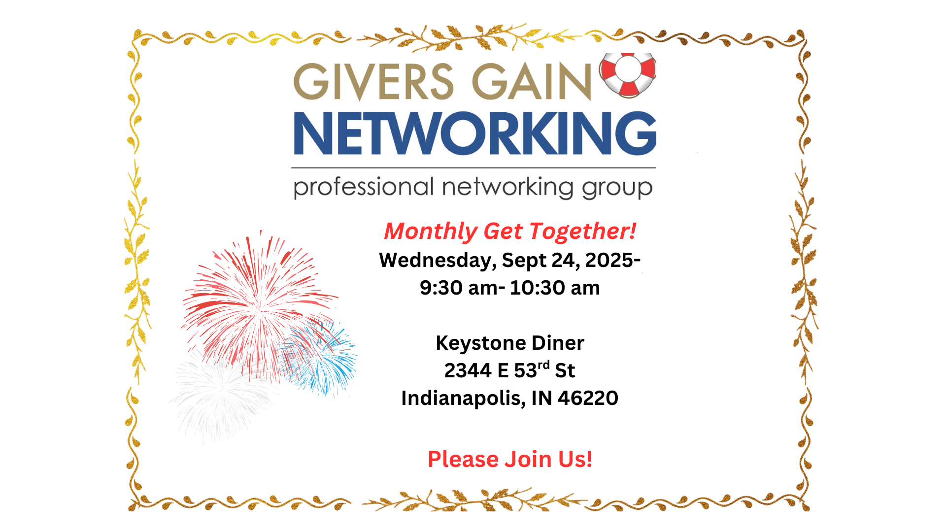 Givers Gain Networking Monthly Get Together- Wed, Sept 24, 9:30-10:30 am!