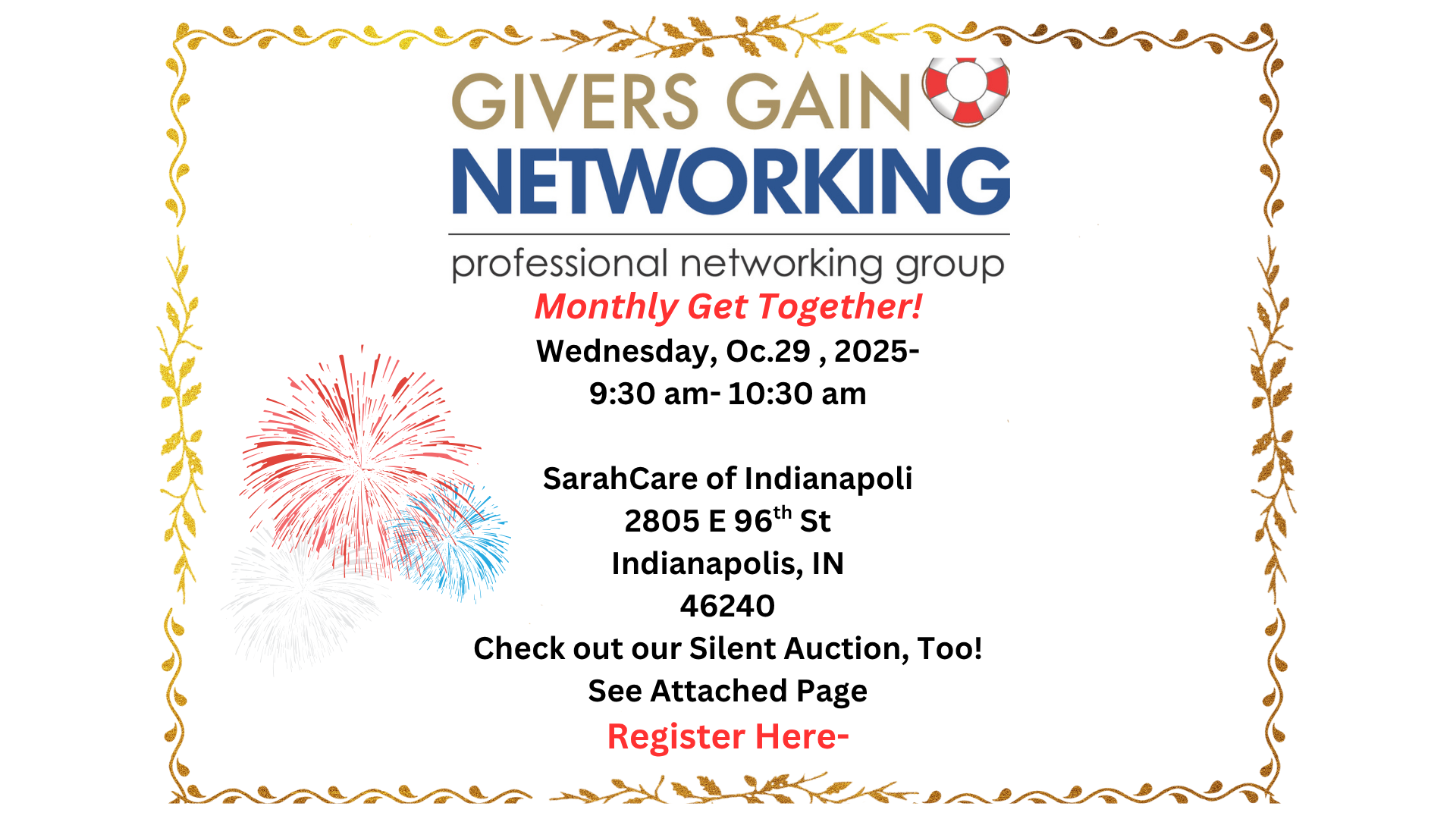 Givers Gain Networking Monthly Get Together- Wed, Oct 29, 9:30-10:30 am!