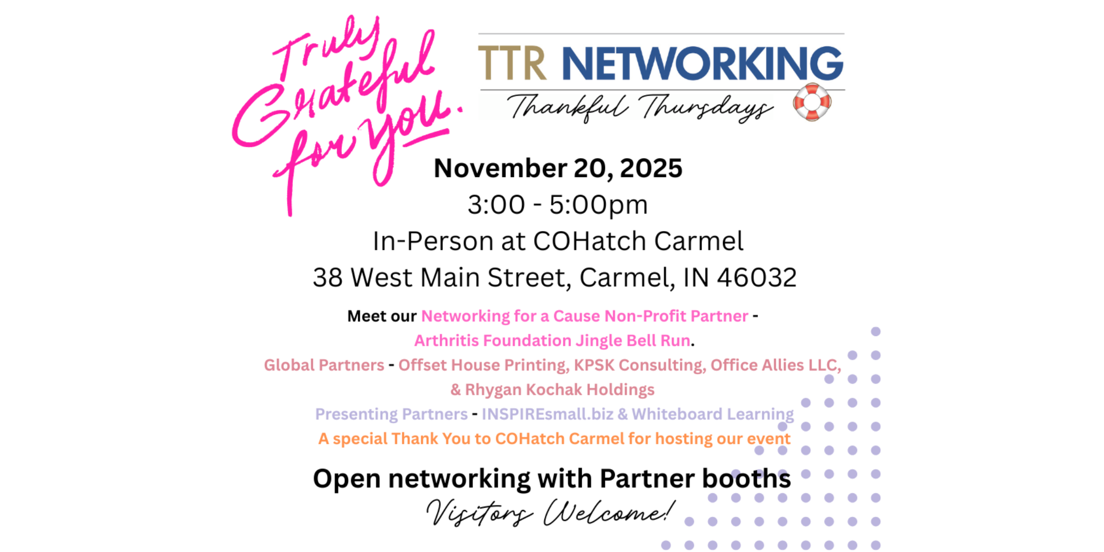 TTR Networking Thankful Thursday -11/20/ 25- 3-5 pm-COhatch Carmel!