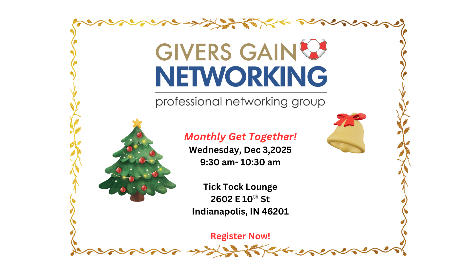 Givers Gain Networking Mthly Get Together- Wed, Dec 3, 9:30-10:30 am!