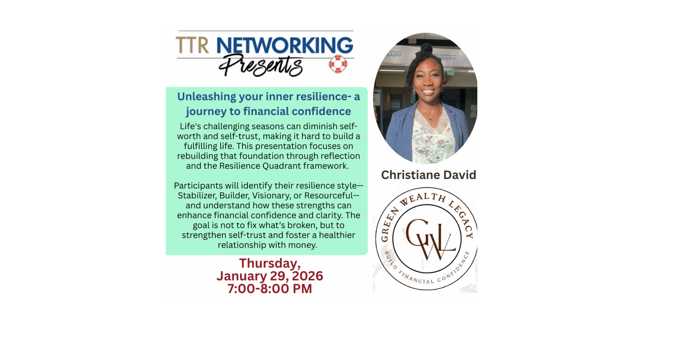 TTR Presents- Unleash  Inner Resilience-A Journey to Financial Confidence with Christiane David, Green Wealth Legacy!