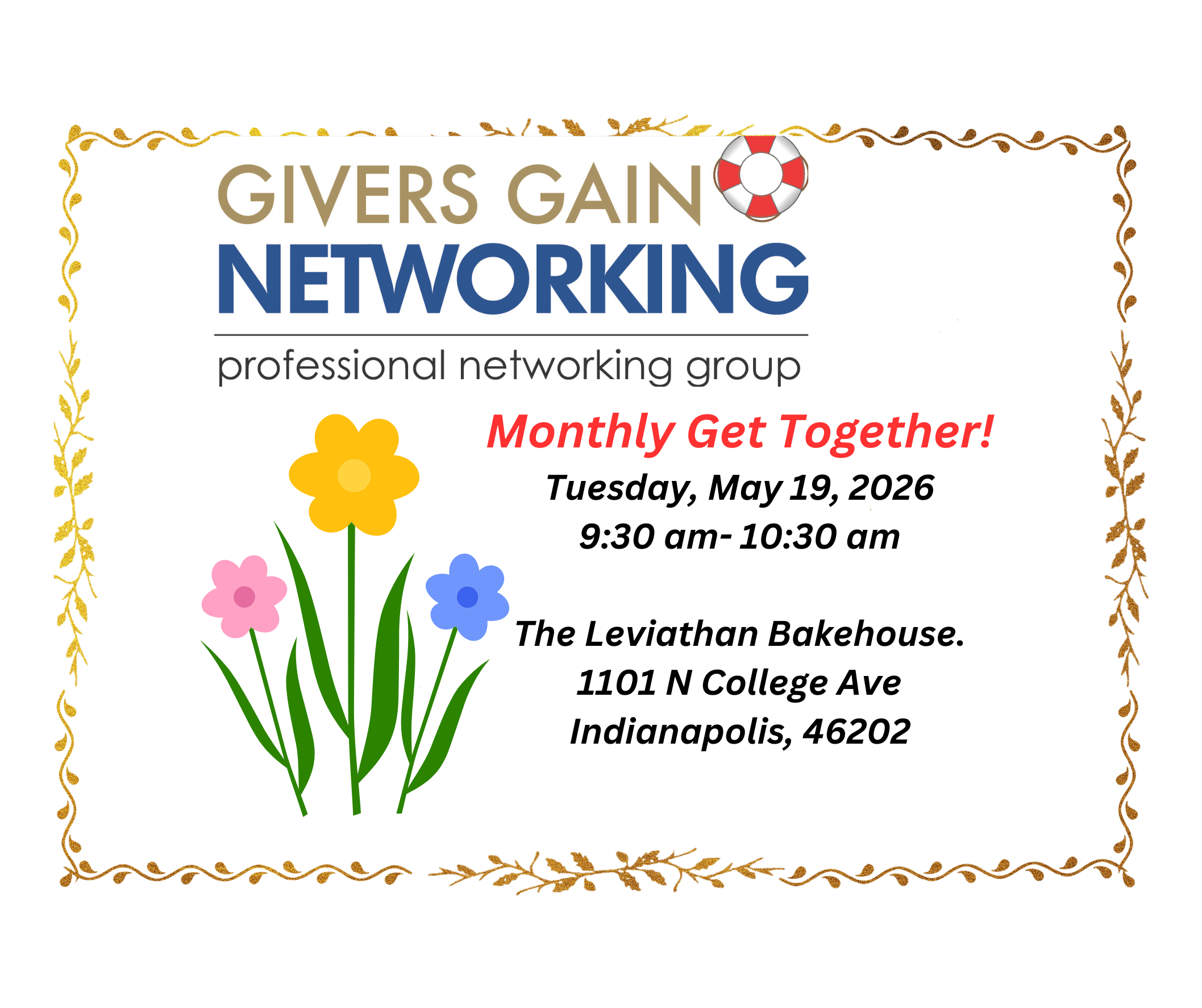 Givers Gain Networking Monthly Get Together-Tues, May 19,  9:30-10:30 am!